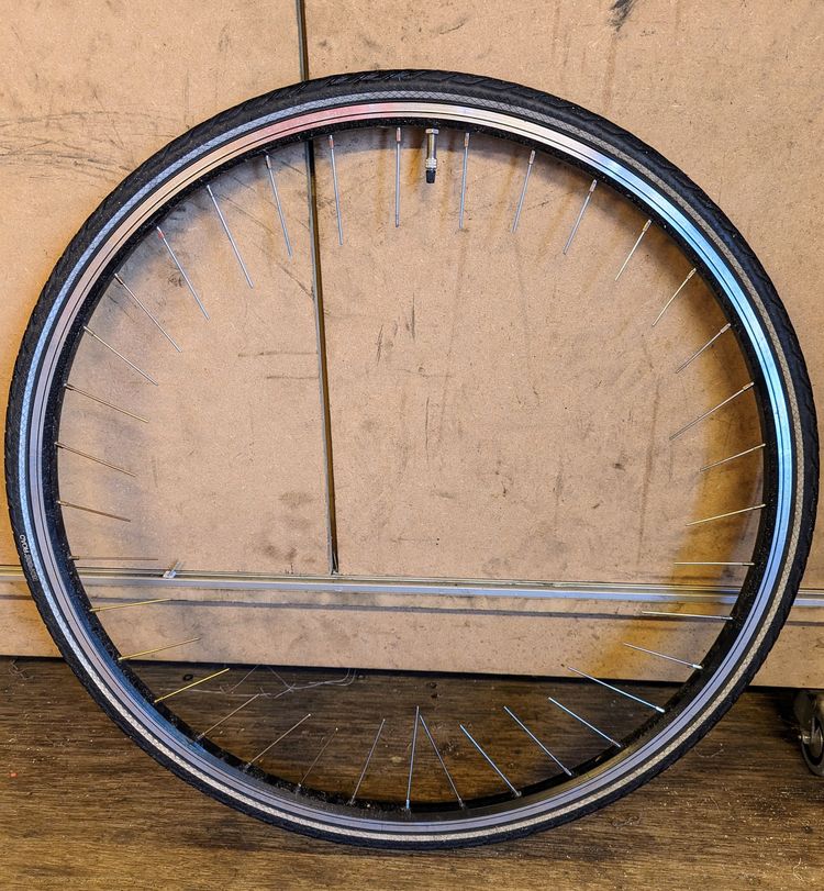 a bicycle wheel with all the spokes clipped and the hub missing